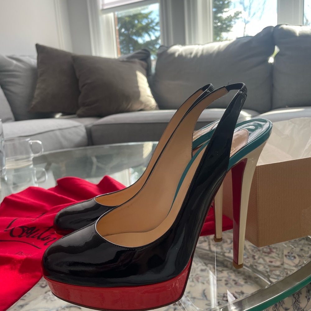 Christian Louboutin Black Patent Slingback Platform Pumps with Red Platform